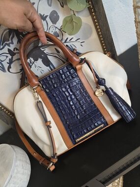 Brahmin Vintage Lady Vineyard Vivian Navy Cream Domed Satchel Crocodile Embossed